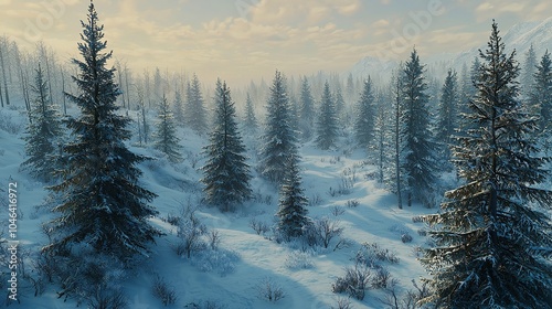 Aerial View of the Winter Forest. Pine Trees as a