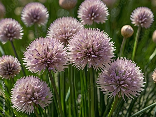 photo of charming purple chives blooming close up in photo near house