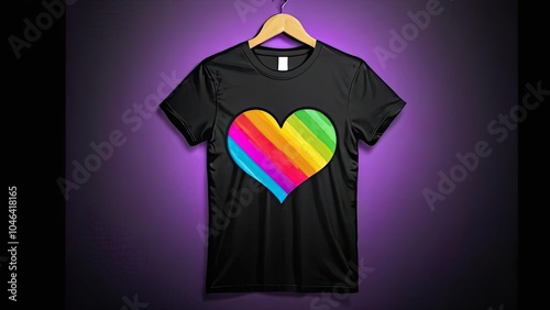 A black t-shirt with a colorful rainbow heart design hangs on a wooden hanger against a purple background photo