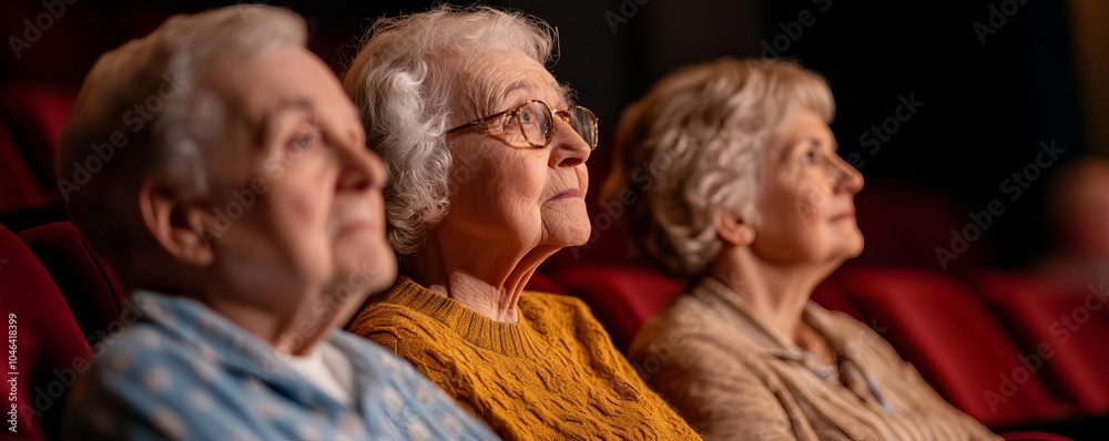 Fototapeta premium Elderly friends attending a theater performance, sitting in a dimly lit auditorium