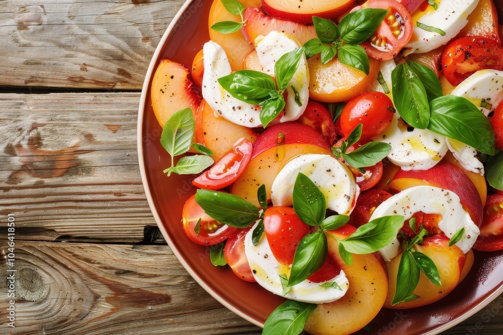 Close up top view of a summer peach Caprese salad with mozzarella and cherry tomatoes on a wooden table Close up top view of a summer peach Caprese salad with mozzarella and cherry tomatoes on a wooden table