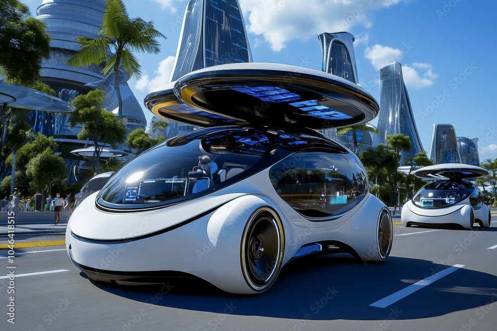 View of A smart city with autonomous vehicles, energy-efficient skyscrapers ...
