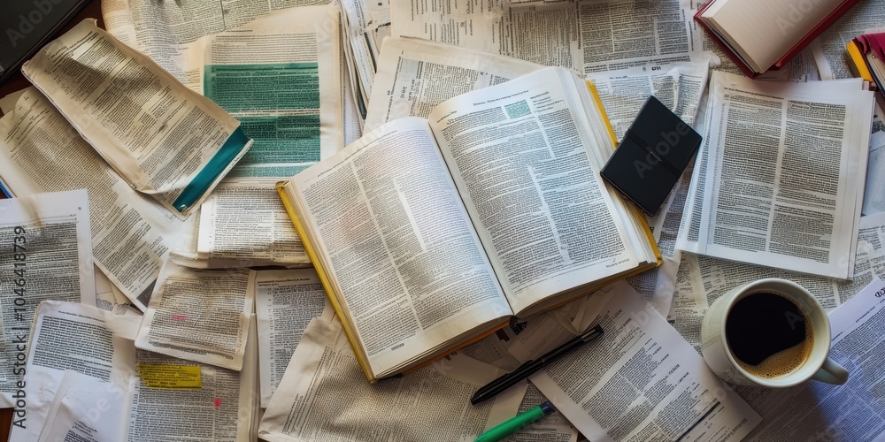 Obraz premium A table covered in books and papers, a cup of