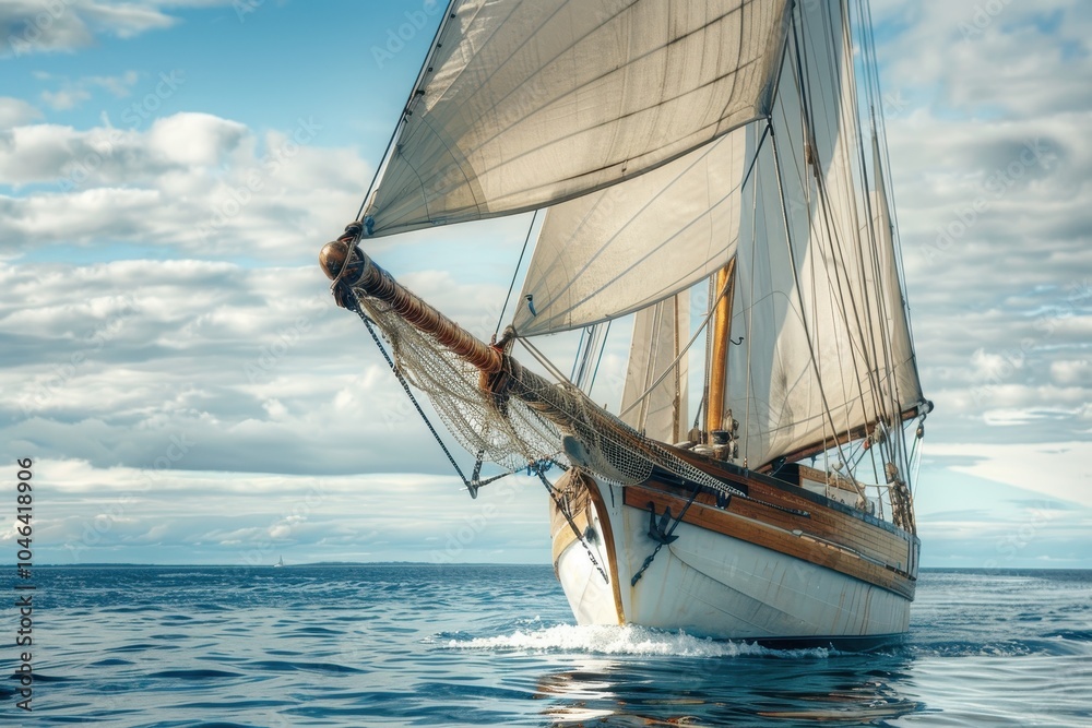 Naklejka premium Close up view of an old expensive two masted sailboat yawl sailing in the open sea off the coast of Maine US used for sport leisure and transportation