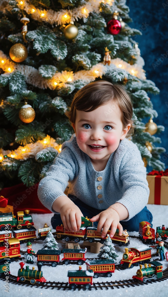 Child playing with a toy train set around the base of a Christmas tree Child playing with a toy train set around the base of a Christmas tree