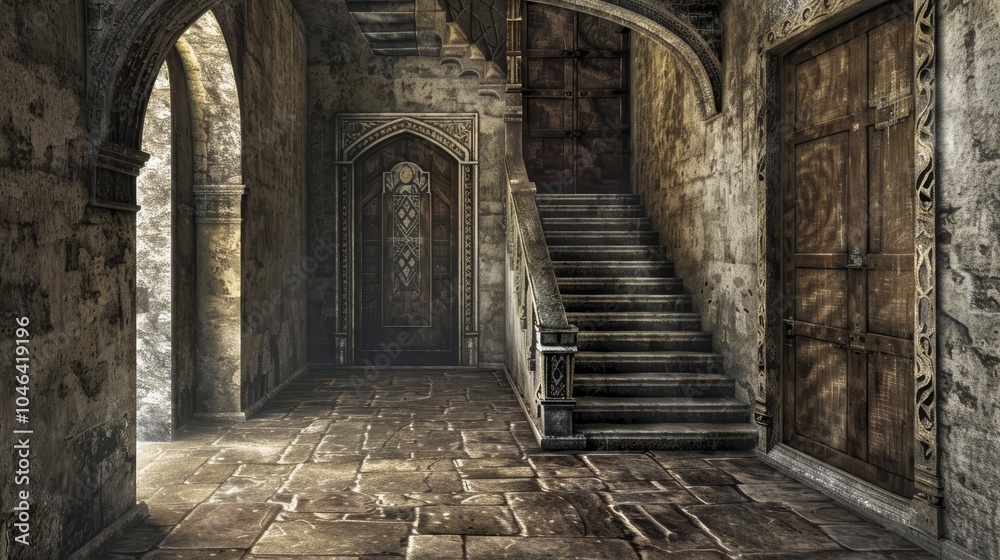 Deserted corridor in a northern italian medieval castle exploring 1300s architecture and elegance Deserted corridor in a northern italian medieval castle exploring 1300s architecture and elegance