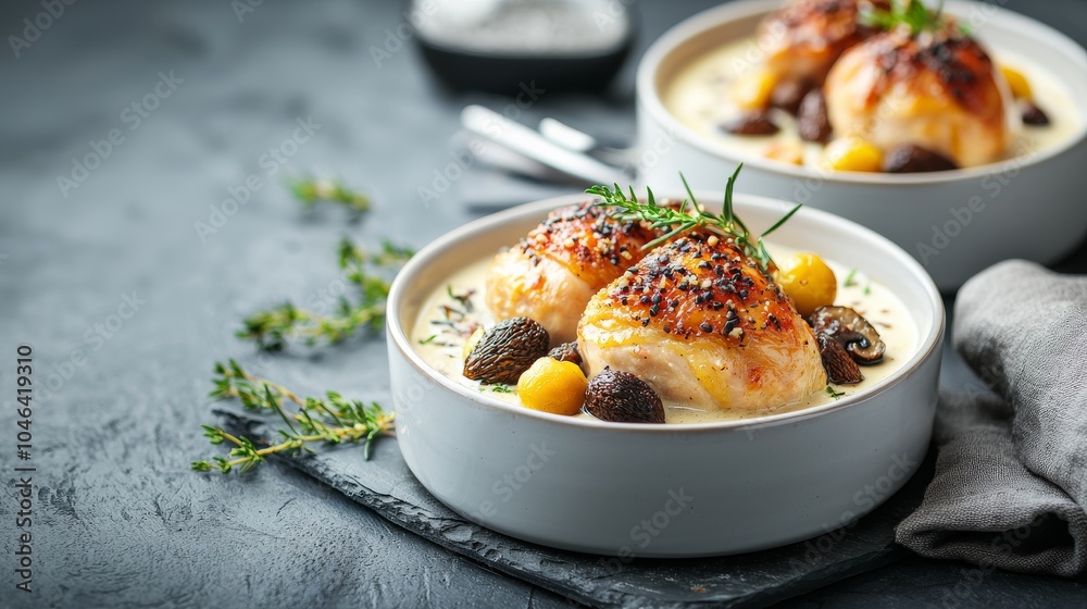 A beautifully plated dish featuring baked dumplings with a creamy sauce, garnished with herbs and served alongside dark ingredients, creating an appetizing presentation. A beautifully plated dish featuring baked dumplings with a creamy sauce, garnished with herbs and served alongside dark ingredients, creating an appetizing presentation.