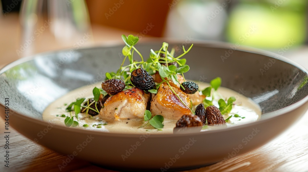 A gourmet dish featuring tender chicken, creamy sauce, and garnished with fresh herbs and earthy mushrooms. A gourmet dish featuring tender chicken, creamy sauce, and garnished with fresh herbs and earthy mushrooms.