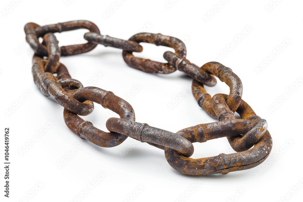 Obraz premium Closeup of old metal chain links in repair shop on white background with clipping path