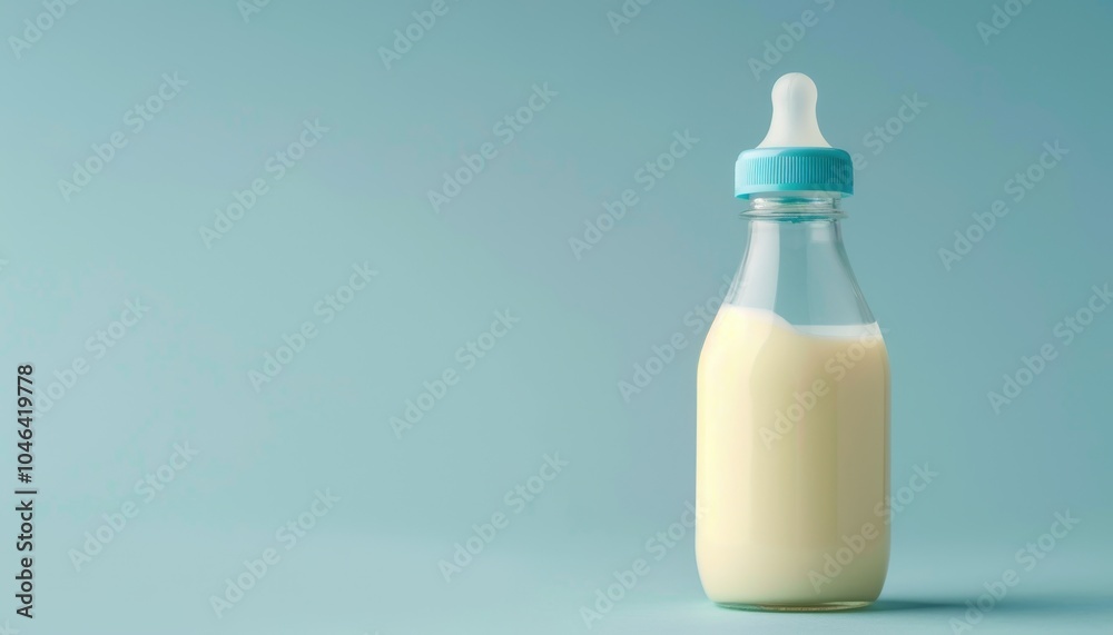 Closeup of light blue background and milk filled feeding bottle
