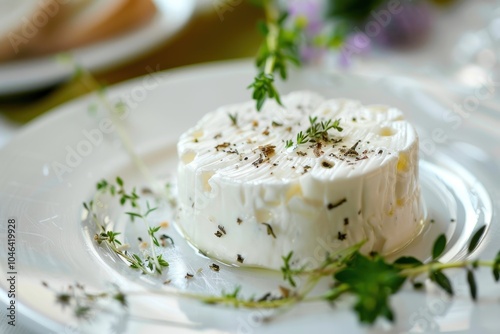 Closeup of plate with tasty goat cheese and thyme