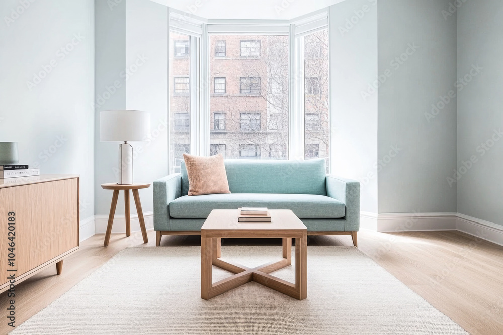Modern living room with light blue sofa and ample natural light in a stylish urban apartment Modern living room with light blue sofa and ample natural light in a stylish urban apartment