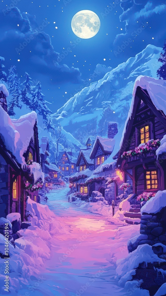 Obraz premium A Serene snowy village at night with warmly lit houses with full moon,charming winter scene with a festive feel,winter,Merry christmas holiday,New year and xmas celebration,Vector illustration.