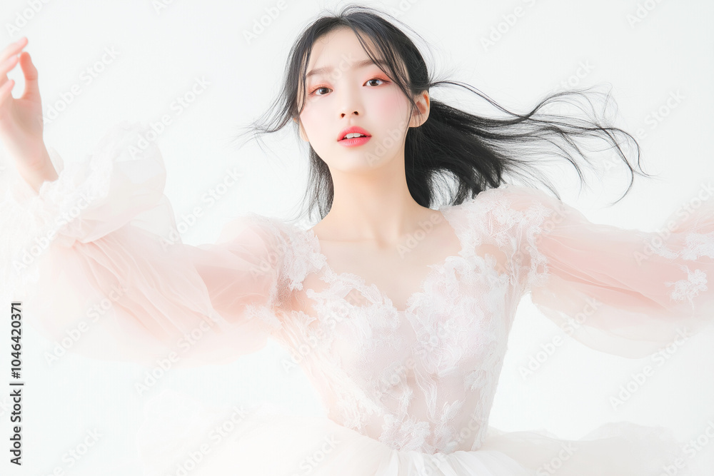 Striking Fashion Portrait of Elegant Woman in Studio with Flowing Dress and Wind Swept Hair Striking Fashion Portrait of Elegant Woman in Studio with Flowing Dress and Wind Swept Hair