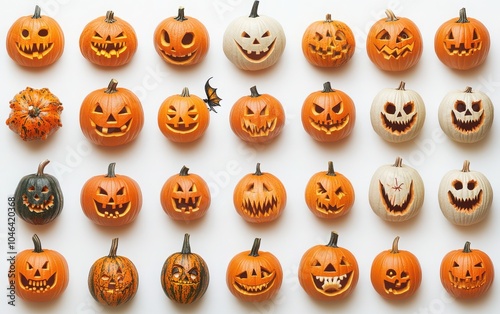 A chilling collection of spooky Halloween pumpkins, featuring creepy and cringy smiles carved into each Jack O' Lantern, arranged on a white background  photo