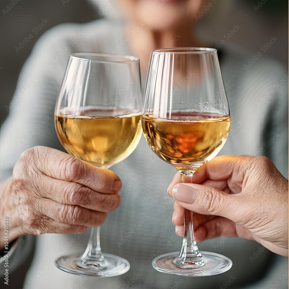 Elderly friends attending a local wine tasting, toasting with glasses Elderly friends attending a local wine tasting, toasting with glasses