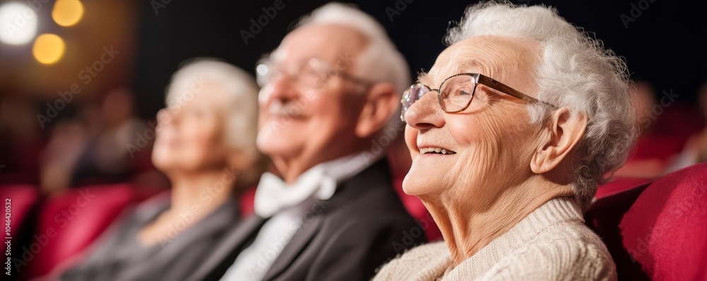 Elderly friends attending a local opera, dressed in formal attire Elderly friends attending a local opera, dressed in formal attire