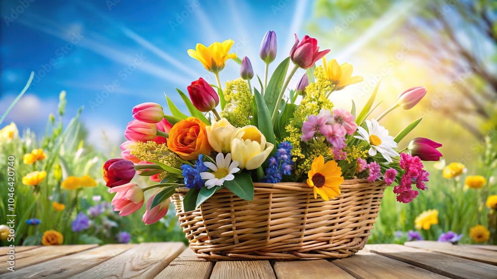 A colorful arrangement of flowers and foliage in a wicker basket against a bright spring background with a sunny sky, botanical illustration, spring background, outdoor landscaping, flower arrangement