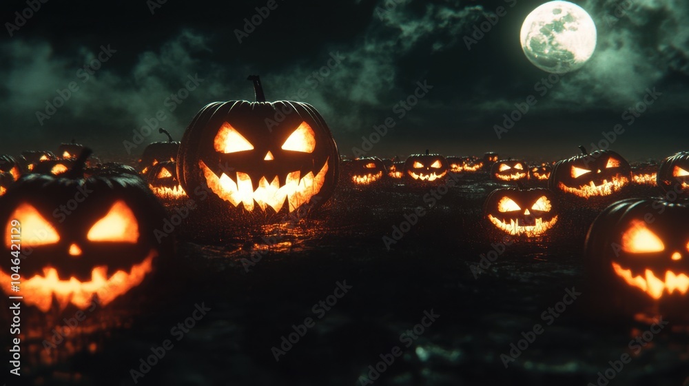 Naklejka premium A glowing pumpkin patch surrounded by mist under a haunting Halloween moon.