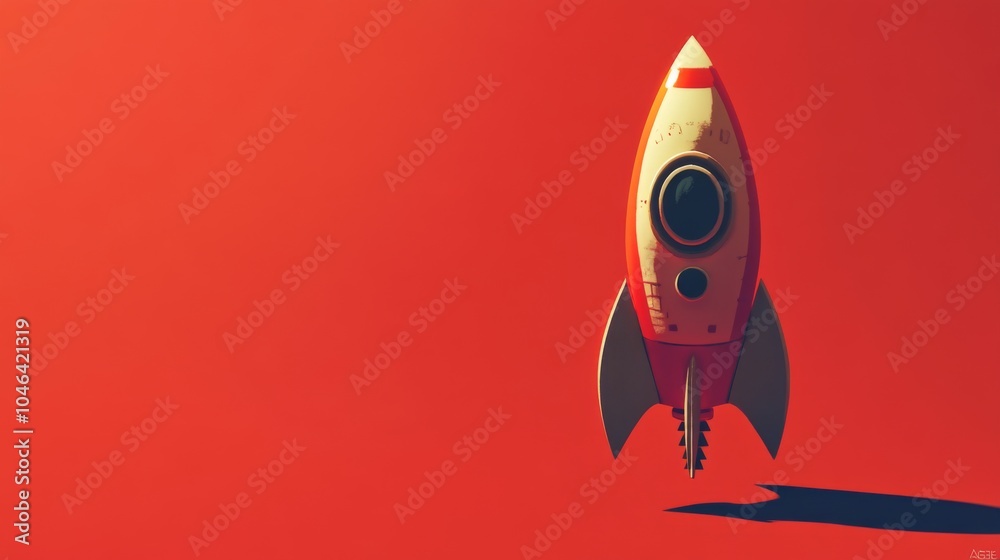 A stylized red and white rocket ship against a red background. A stylized red and white rocket ship against a red background.