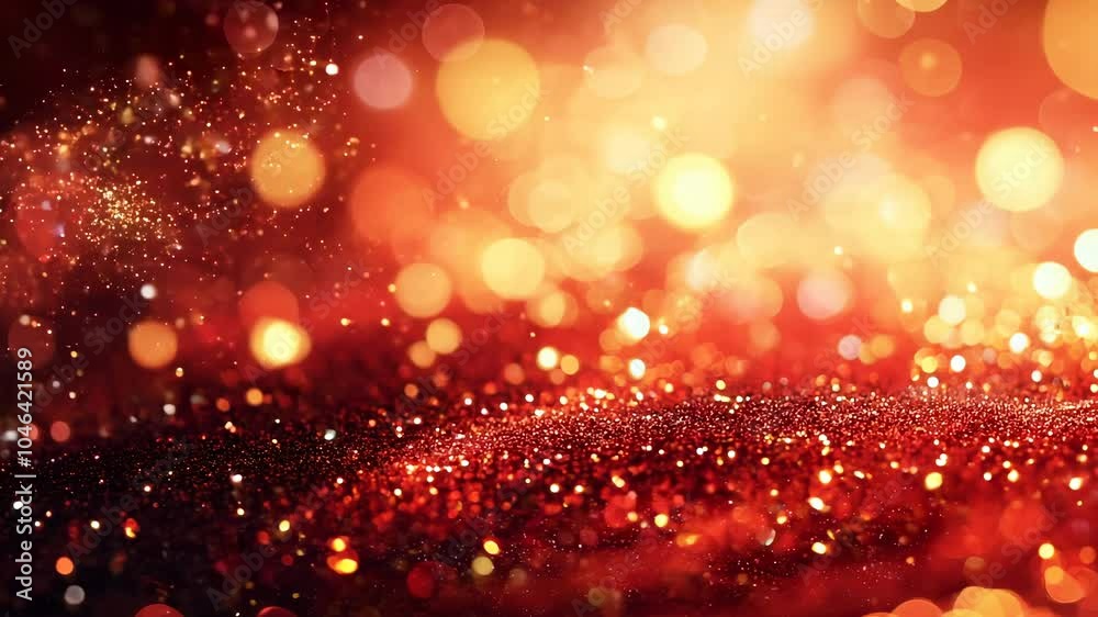 Abstract red background with shimmering gold particles. Sparkling red backdrop.