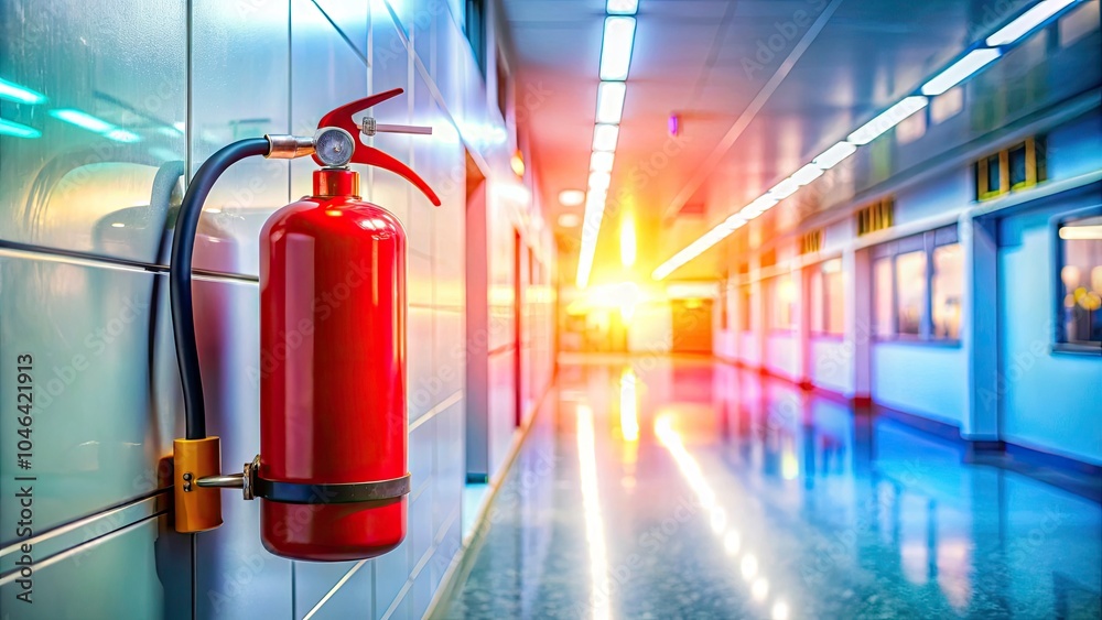 Fire Extinguisher in Hospital Cabinet with Bokeh Effect - Safety Equipment in Bright Environment Fire Extinguisher in Hospital Cabinet with Bokeh Effect - Safety Equipment in Bright Environment