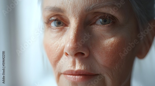 Gradual transformation video showing facial skin tightening post-facelift, realistic skin textures and transitions, Soft Lighting, Digital Rendering