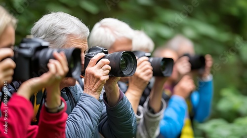 Group of seniors attending a photography class, snapping nature photos