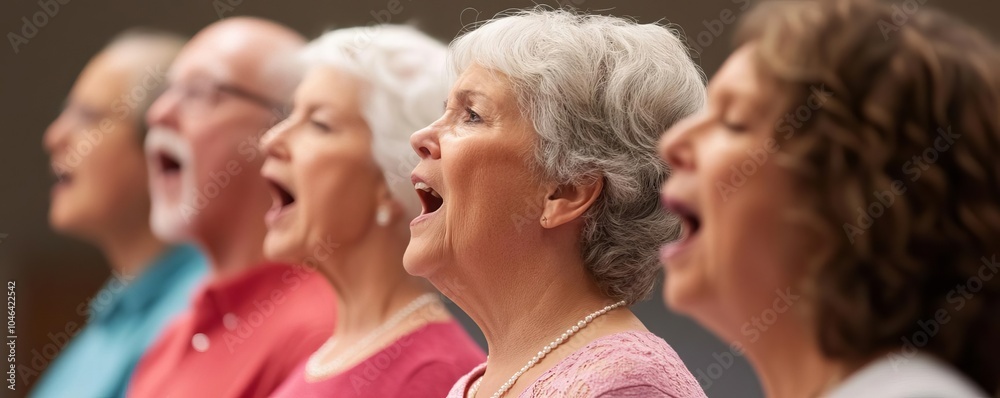 Fototapeta premium Group of seniors attending a choir practice, standing and singing