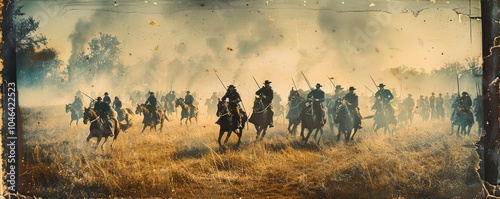 Vintage battle scene with soldiers marching through smoke and chaos in a war-torn field. photo