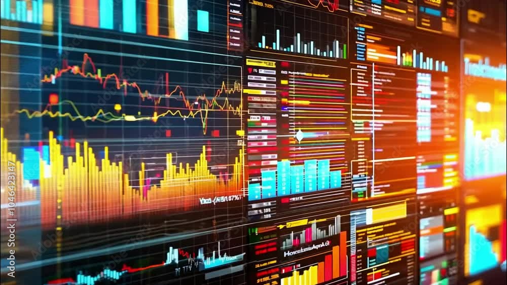 A Wall of Digital Data Visualizations with Graphs and Charts