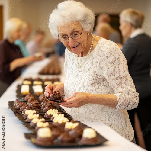 Seniors attending a chocolate-tasting event, savoring sweet treats photo