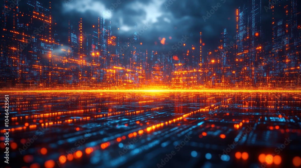 Fototapeta premium Futuristic cityscape with glowing lines and digital elements.