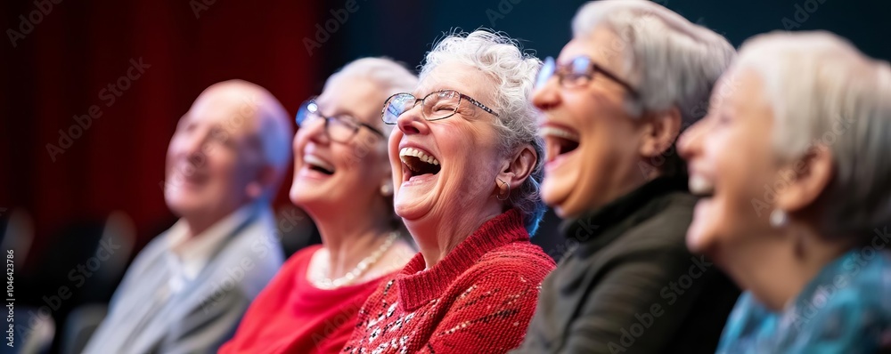 Seniors attending a family-friendly play, laughing at comedic scenes Seniors attending a family-friendly play, laughing at comedic scenes