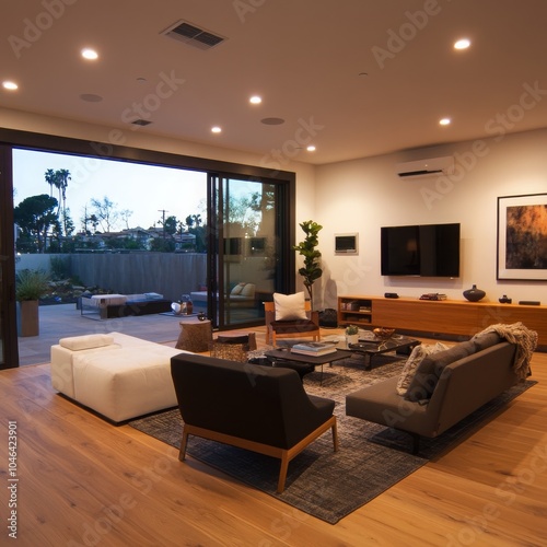 Modern living rooms with high-tech features, like voice-controlled lights and thermostats.