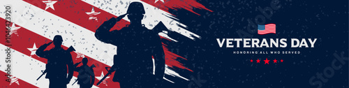 Veterans day banner background & silhouette of soldiers with USA flag, November 11 National holiday of the USA vector illustration for social media, header, email signature, web, marketing ads