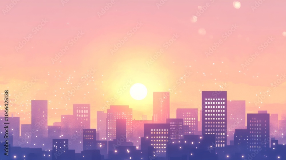 Fototapeta premium A colorful sunset over a city skyline with a glowing sun and light streaks in the sky.