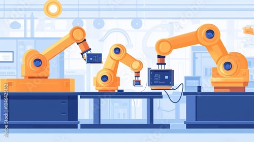 A vibrant illustration of robotic arms in a modern industrial setting, showcasing automation technology and innovation.