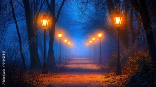 A haunted forest path lit by glowing lanterns and shrouded in eerie fog on Halloween night.