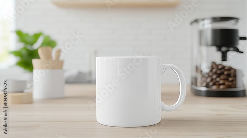 A minimalist white mug is placed on a wooden table, with a coffee maker and greenery in the background, creating a cozy kitchen atmosphere.