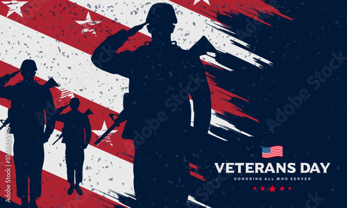 Silhouettes of soldiers with USA flag Veterans day background design, abstract vintage grunge distressed brush strokes vector illustration for US Veterans day, Honoring all who served, November 11