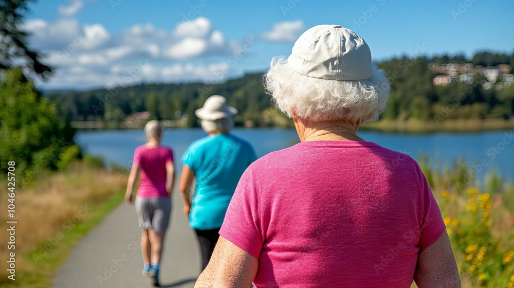 Seniors attending a fitness walk around a scenic lake, enjoying the fresh air Seniors attending a fitness walk around a scenic lake, enjoying the fresh air