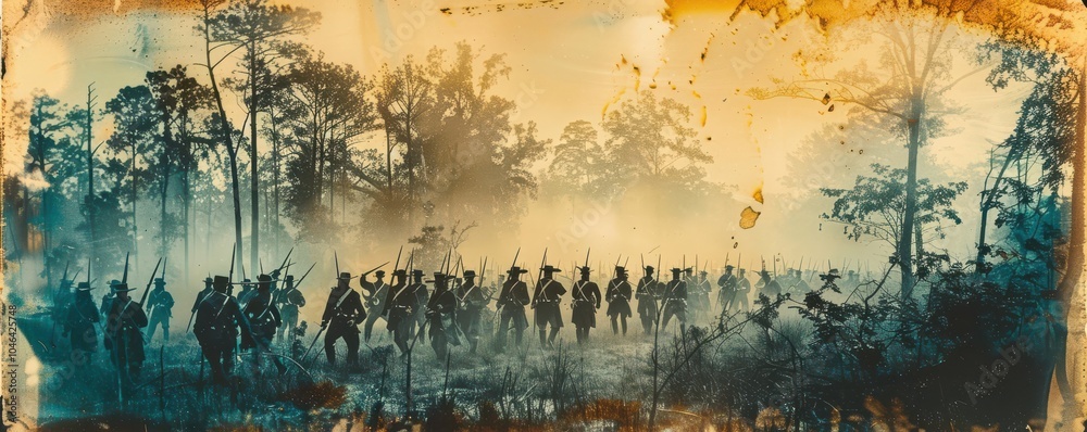 Vintage battle scene with soldiers marching through smoke and chaos in a war-torn field.