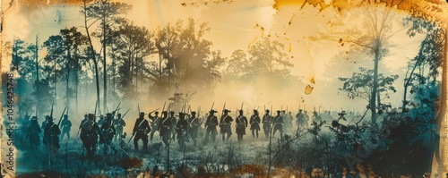 Obraz na płótnie Vintage battle scene with soldiers marching through smoke and chaos in a war-torn field. w salonie