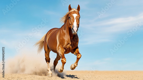 Powerful chestnut horse galloping across sandy landscape with dust particle, creating sense of freedom and vitality.