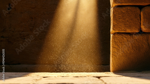 Sunlight beams illuminate dust particles in warm, textured environment, creating serene and tranquil atmosphere photo