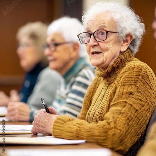 Seniors attending a historical society meeting, discussing local history