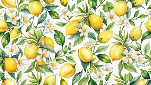 Watercolor lemon flowers pattern on white background