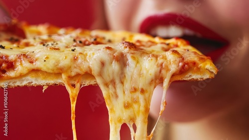 Young woman bites slice of pizza,Happy sexy woman eating pizza with pepperoni and mozzarella cheese red background,hungry woman with junkfood,orders delivery in restaurant,takeaway food. photo