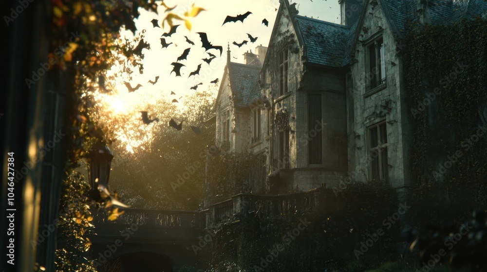 Fototapeta premium A haunted mansion with flickering lights and bats flying overhead on Halloween 2024.